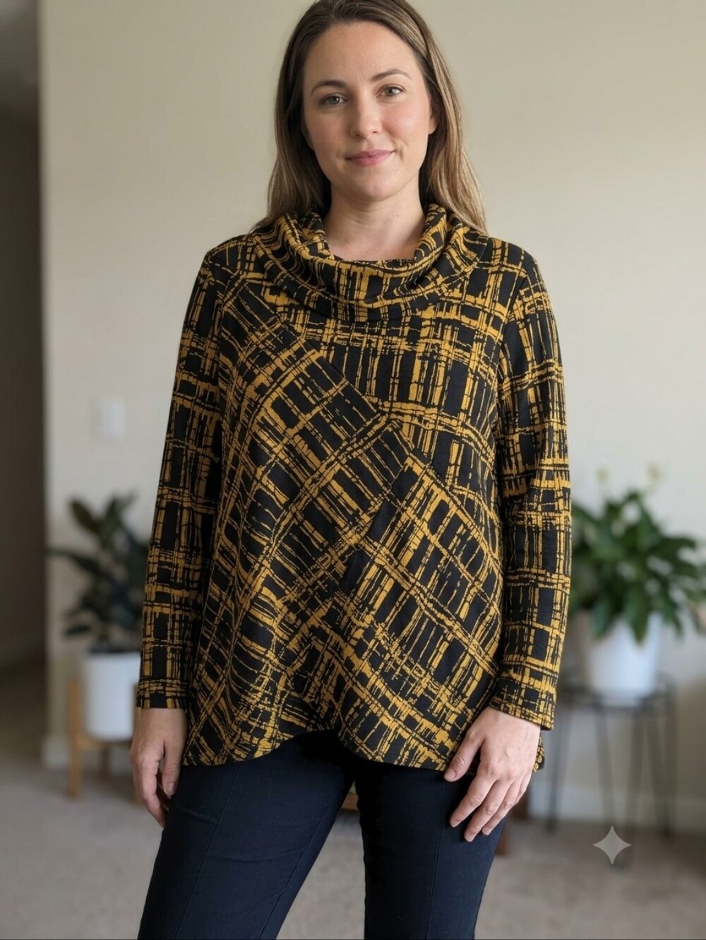 Attitudes by Renee XL Asymmetrical Cowl Neck Sweater Tunic Mustard Yellow Black